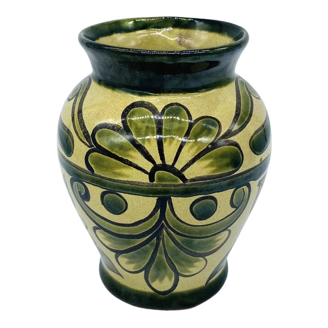 Talavera Mexican Art Pottery Vase Hand Painted Floral Forest Green 7.25" Signed