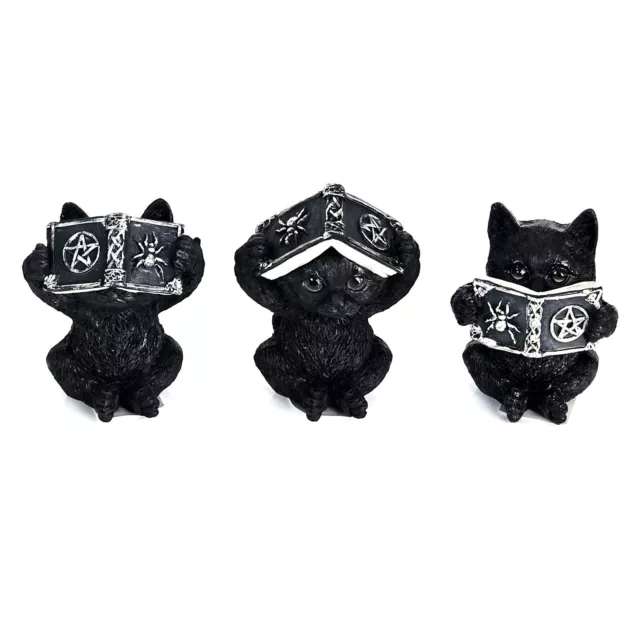 3pce See Hear Speak No Evil Wise Black Cats Spell Book Statue Ornament Home NEW