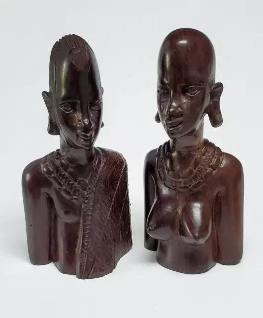 2 Ebony Head Statue Figurine Tanzania African Wood Solid Hand Carved Man Woman