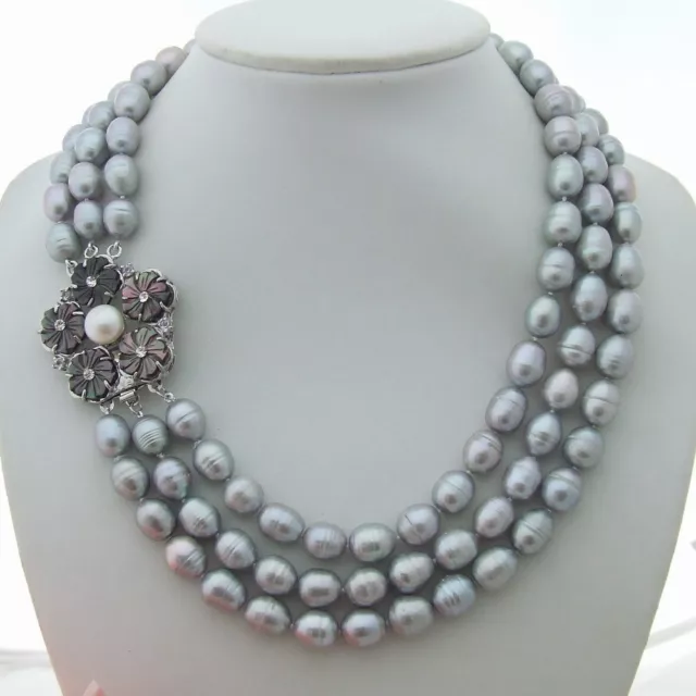 3 Strands natural Grey Rice freshwater Pearl Necklace Jewelry