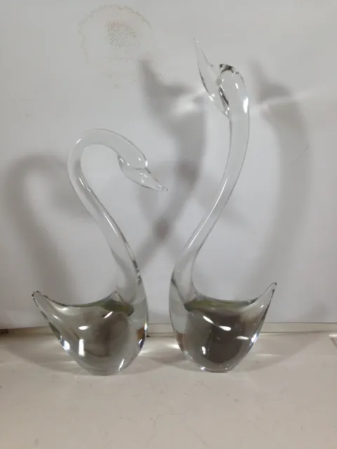 Pair of Vintage Clear Crystal Swan Figurines 7-1/2” and 9-3/4” tall