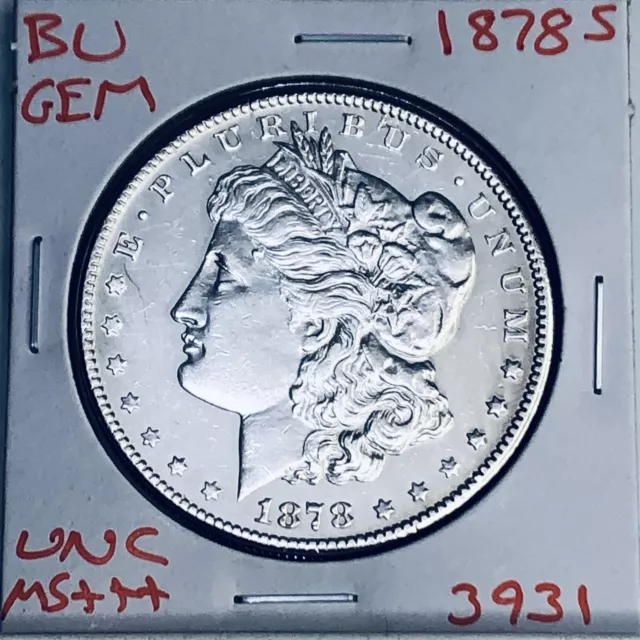 1878 S Bu Gem Morgan Silver Dollar Unc Ms+++ U.s. Mint Rare Coin 3931