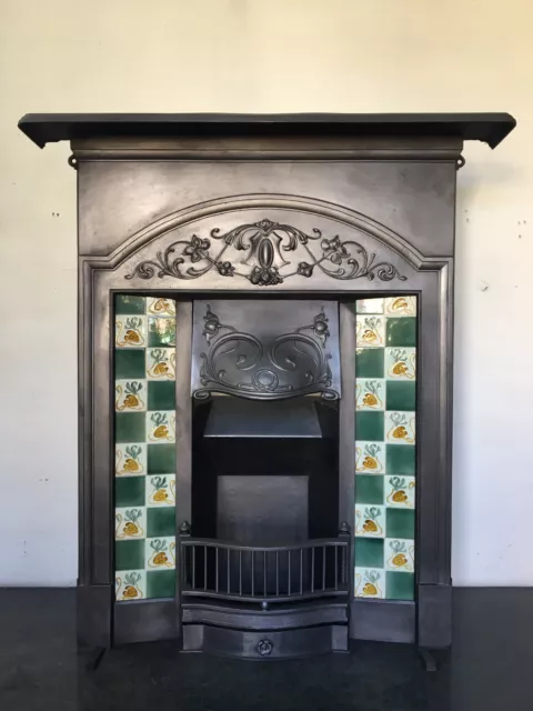 Original Restored Antique Cast Iron Art Nouveau Tiled Fireplace Insert (LG260)