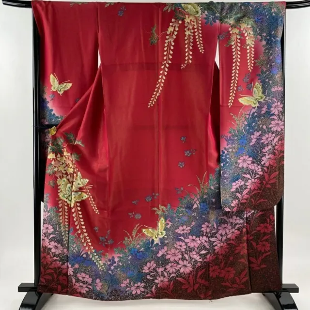 Woman Japanese Kimono Furisode Silk Butterfly Flower Gold Silver Foil Dark Pink
