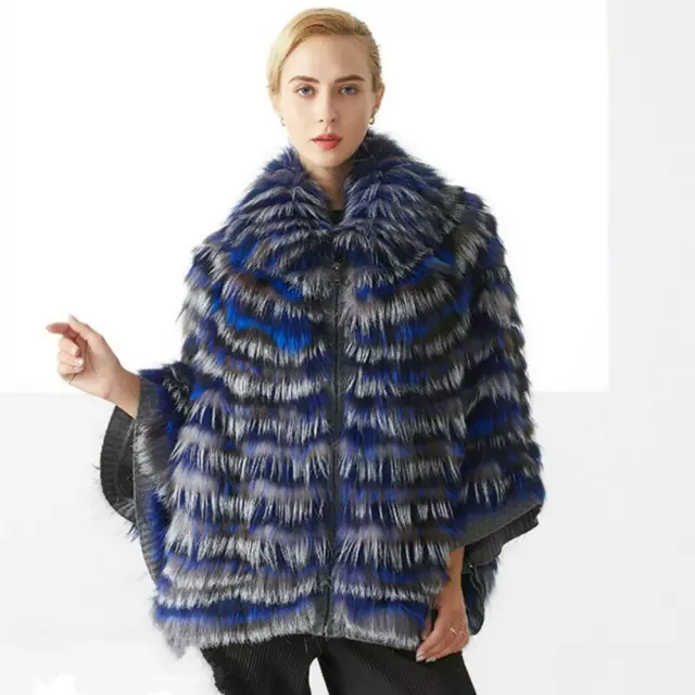 Elegant Short Coats Fur Cape Batwing Sleeves Jacket Sliver Fox Fur Shawl Poncho