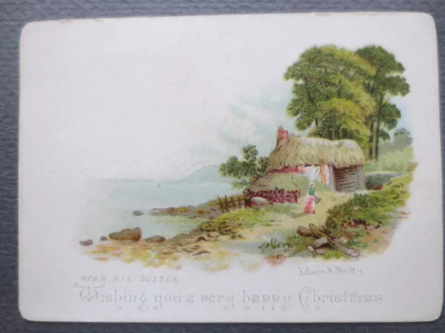 ANTIQUE Christmas Card Village Scene Near Rye Sussex Edwin A Penley Victorian