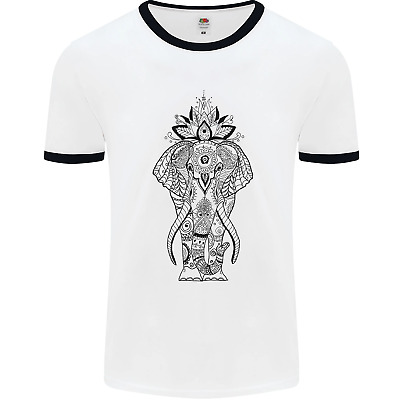 Black Mandala Art Elephant Mens White Ringer T-Shirt