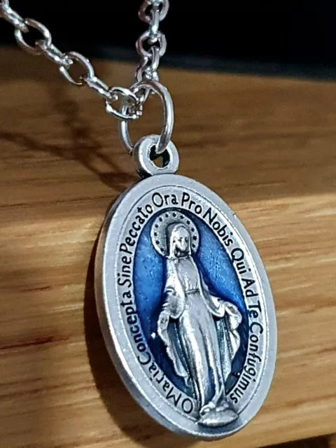 Our Lady of the Miraculous Medal Pendant 18" Necklace Blue Enamel Made in Italy 2