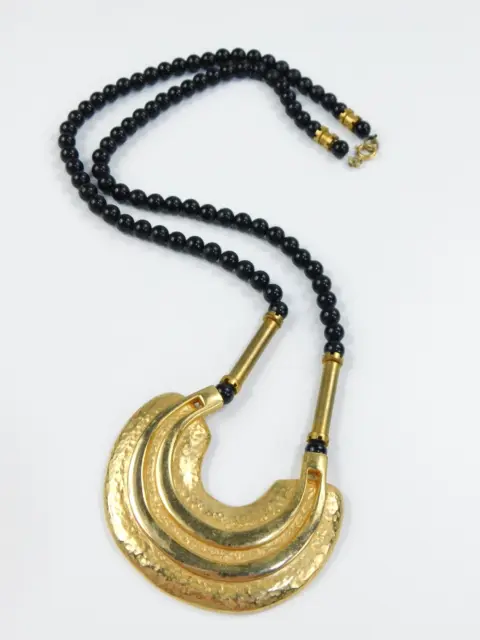 Vintage Castlecliff Gold Hammered & Black Beaded Etruscan Necklace Statement