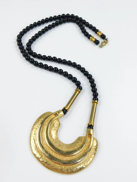 Vintage Castlecliff Gold Hammered & Black Beaded Etruscan Necklace Statement