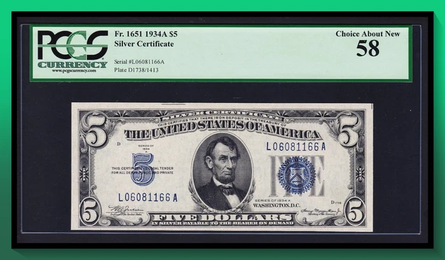 Fr. 1651 1934A $5 Silver Certificate PCGS 58 AU