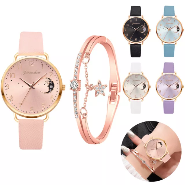 Womens Watch+Bracelet Fashion Leather Strap Quartz Wristwatch Girls Ladies Gift