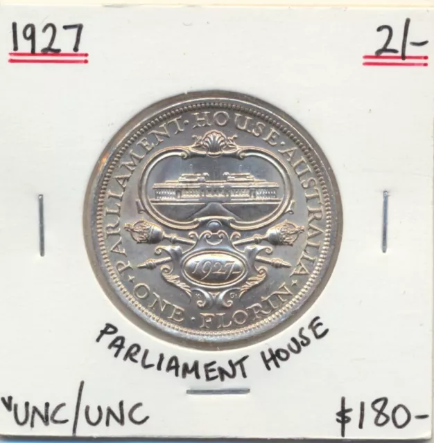 Australia 1927 Florin Parliament House silver KGV 2/- Nice Grade Cat $200 in UNC