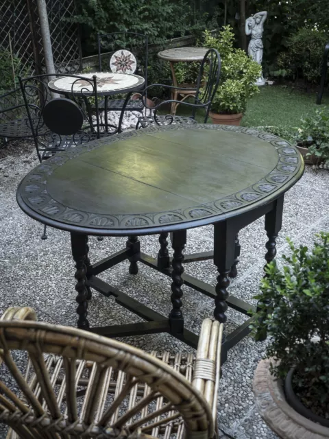 Antico tavolo a bandelle in rovere piano intagliato, Inglese del XIX Secolo