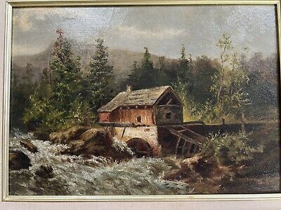 Antique Oil On Canvas Painting Late 19th Century Mill on Stream, American School