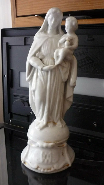 ANTIQUE BISQUE PORCELAIN Virgin Mary Madonna With Child Jesus Statue ...