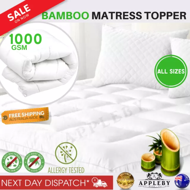 Pillow Top Mattress Topper 1000GSM Bamboo Fully Fitted Skirt Protector All Sizes