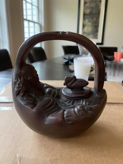 Chinese Red Clay Teapot Reclining Man And Duck Swan