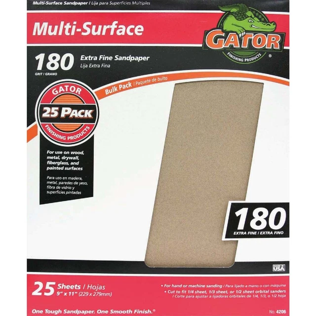 Gator multi-superficie 9 pulgadas x 11 pulgadas Papel de lija extra fino 180 Grit (paquete de 25) 4206