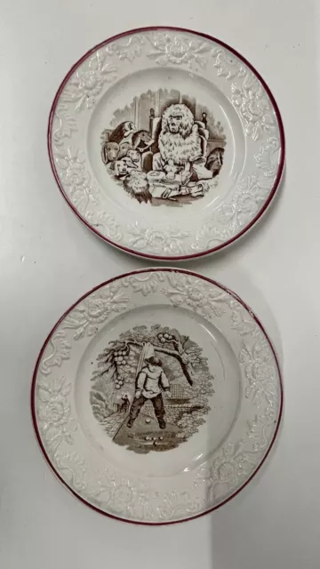 Antique Staffordshire Children's Nursery Plate Pair Dogs Children 19th century