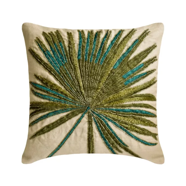 Sofa Pillow Case Green 16"x16", Couch Decor linen Embroidery Beaded - Arboreal