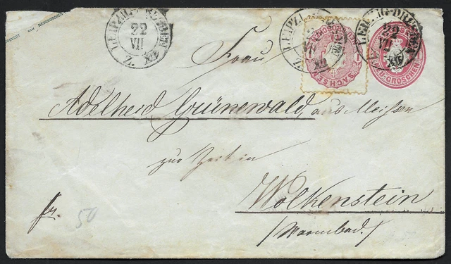 Sachsen 1863...Umschlag 1 Ngr. + MiNr. 16 (1Nrg.) Brief Leipzig-Wolkenstein