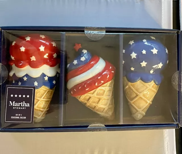 MARTHA STEWART Patriotic Ice Cream Cones Ceramic July 4th Red White Blue NWT