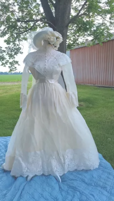 Vintage Victorian Antique Romantic Prairie Wedding Dress Gown & Decorated Hat