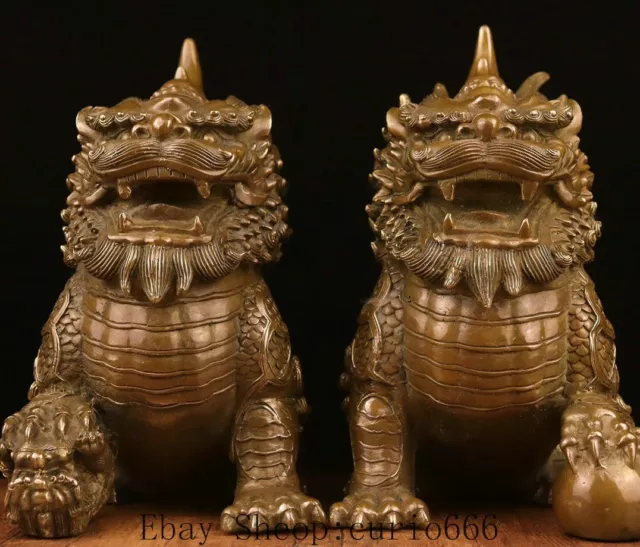 8.6'' Old Chinese Purple Bronze Dynasty Foo Fu Dog Lion Play beads Statue Pair