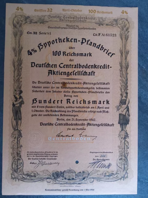 100 Reichsmark Apotheken-Pfandbrief ( 4%)Deutsche Centralbodenkredit AG 1942