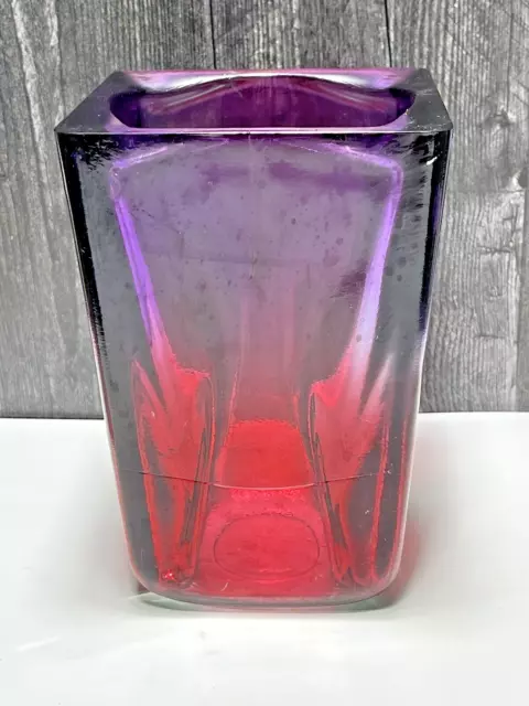 Vidrios San Miguel Recycled Art Glass Vase Spain Heavy Square Pink Purple Ombre