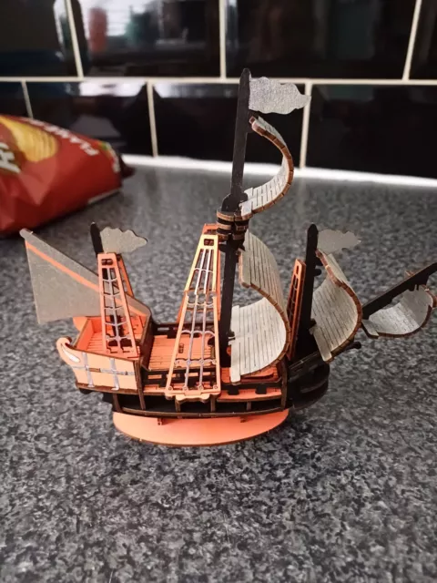 Handmade/painted Wooden Model Ship, Collectable, Gift, Ornament, Black, Orange, 3