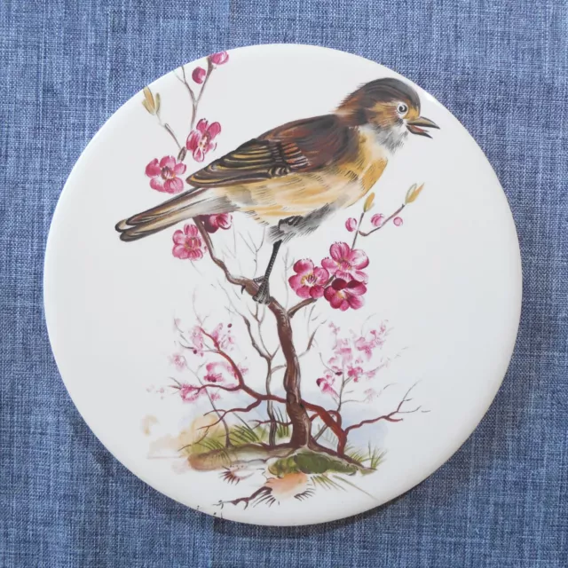 H & R Johnson Round Tile Trivet from ENGLAND Brown Songbird Flower Blossoms