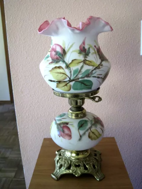 Rare To Find Fenton for L G Wright Moss Rose Peach Blow Lamp Working 14" H