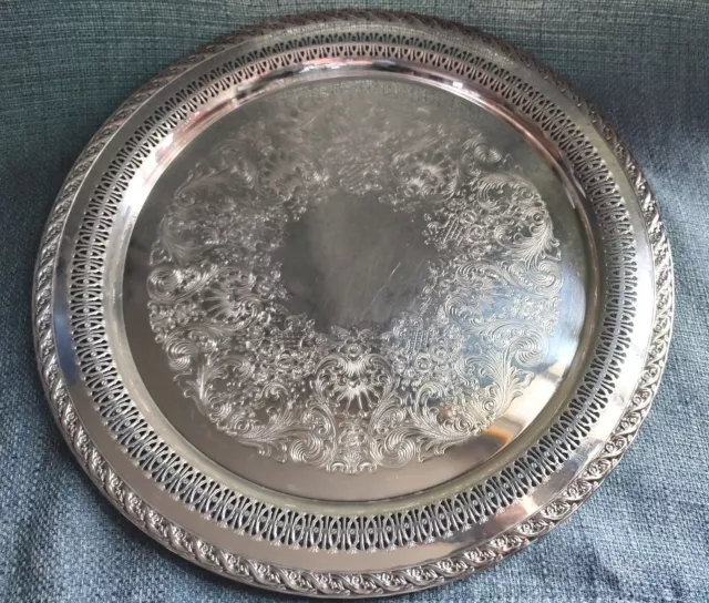 15” Spring Flower Rogers 2072 Silver Plate Reticulated Serving Platter Tray VTG