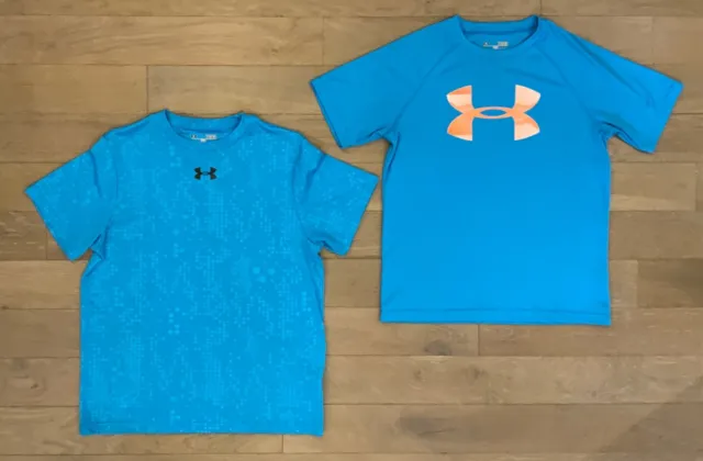 Boys Under Armour Heat Gear Lot of (2) SS Turquoise Blue Athletic Tops, LARGE