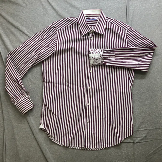 Robert Graham Mens Medium Button Up Dress Shirt Purple White Pinstripe Flip Cuff