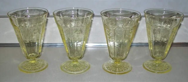 Set  4 Vtg  1930's Hocking Princess Pattern Yellow Footed Tumblers Glasses NICE!