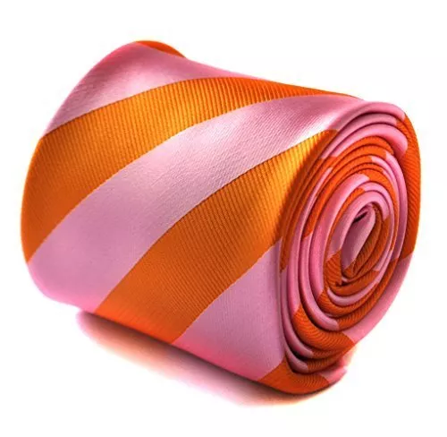 Frederick Thomas Designer Mens Tie - Bright Orange and Pink - Repp Club Striped