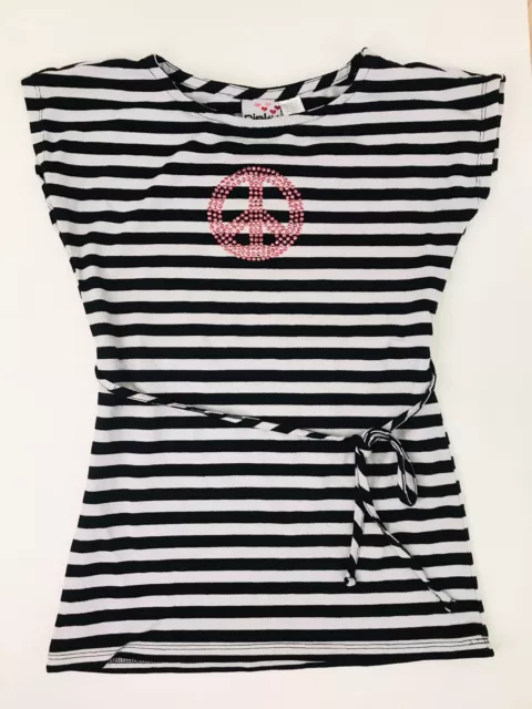 Pinky Girls Black Striped Tunic Top T-Shirt Size S Peace Sequin Waist Tie