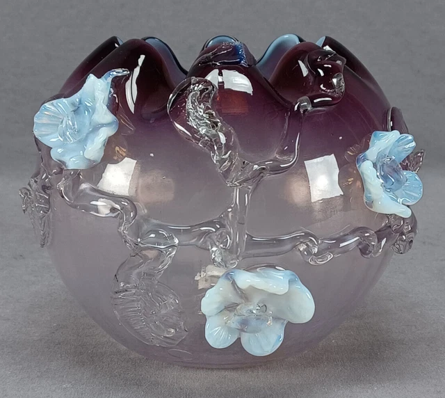 Bohemian Harrach Purple Applied Opalescent Flowers Large Rose Bowl Circa 1880s