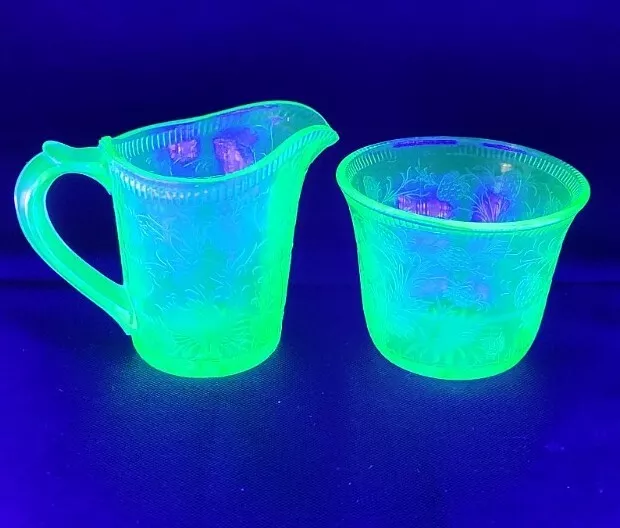 Lot Of 2 Green Strawberries Pattern Uranium Vaseline Glass Bowl, Pitcher/Creamer