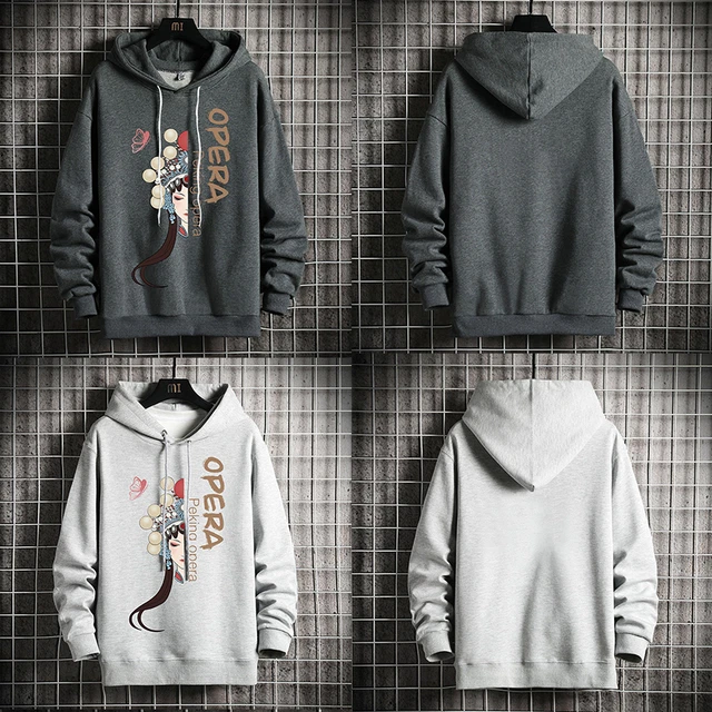 Hommes Coton Sweat Pull Capuche Beijing Opéra Imprimé Chemise Desseré Hauts