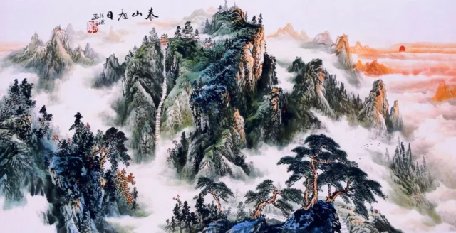 HANDPAINTED ORIGINAL ASIAN ART CHINESE SANSUI WATERCOLOR PAINTING-Mountains&Sun