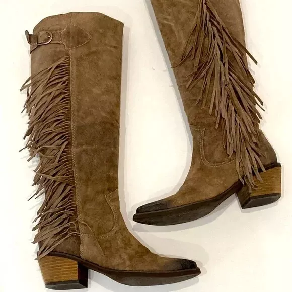 $250 Carlos Santana Ringo Fringe Boots Taupe Suede 5.5 NWOB