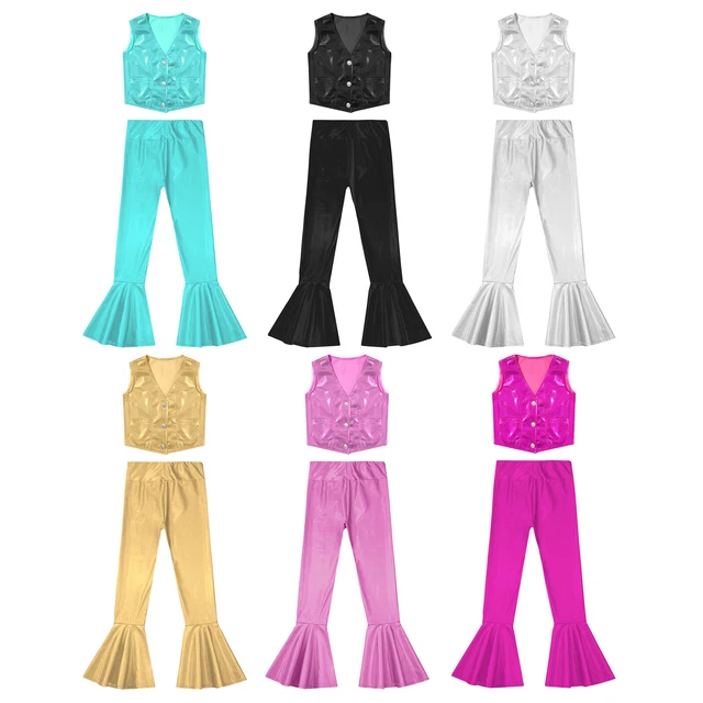 Kids Girls Top With Pants Shiny Jazz Dance Outfits 2 Pieces Hippie Disco Party