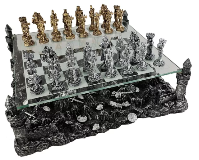 Pewter METAL Medieval Times Crusades Knight Chess Set With Resin & Glass Board