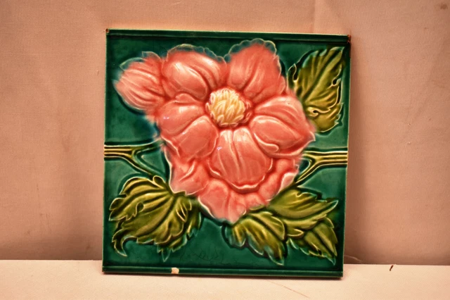 Antique Japan Tile Majolica Art Nouveau Saji Flower High Embossed Green Pink"I2