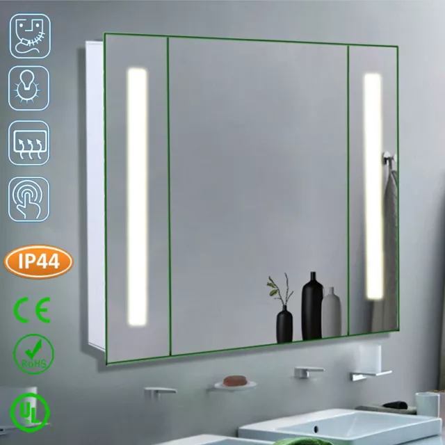 LED Illuminated Bathroom Mirror Cabinet with Shaver Socket Demister Pad Sensor