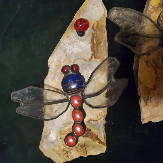 Mosaic Stained Glass 3D Dragonfly & LadyBug on Slate Garden Ornament Decor